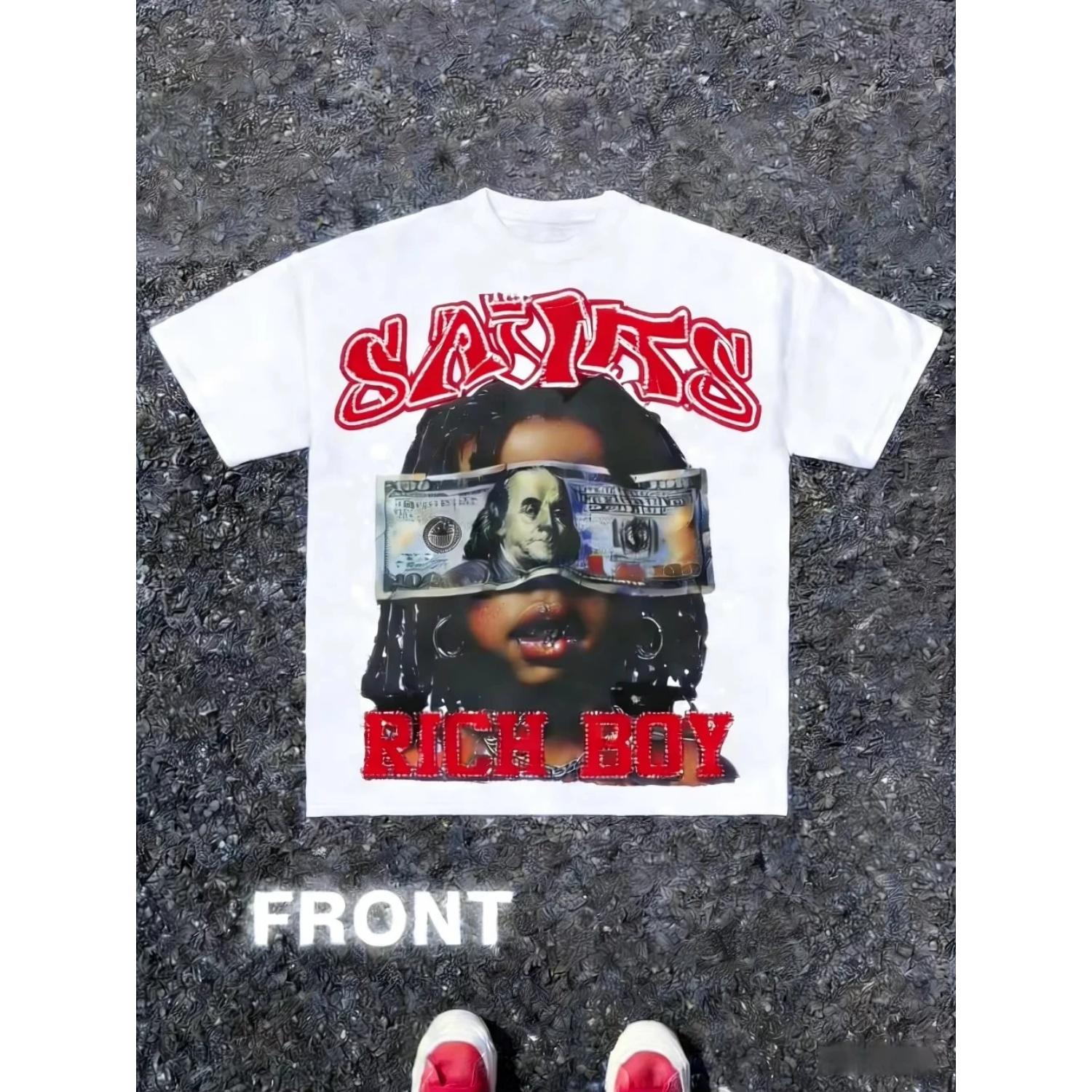 

Trendy Men s Summer Gothic Wealth Cartoon Letter Printed Comfortable Breathable Round Neck T-shirt Outdoor Street Top S чёрный