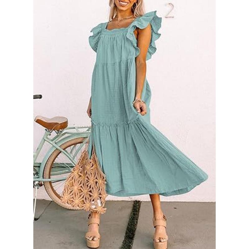 Summer Women's Dress Square Neck Short Sleeve Strapless Pleated Hem Dresses