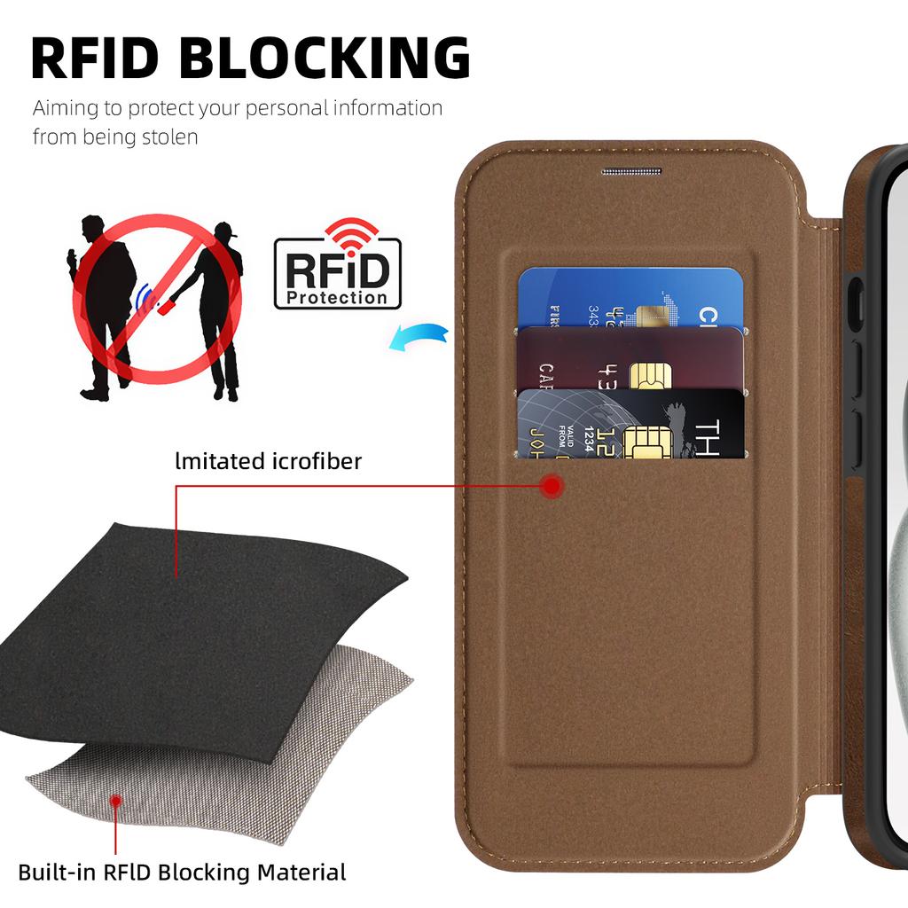 For iPhone 15 Case Compatible with MagSafe RFID Blocking Card Holder Leather Phone Cover