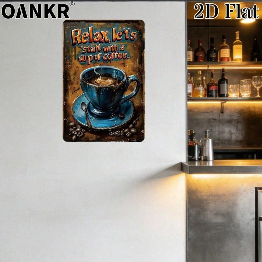Funny Coffee Bar Metal Tin Sign 12x8 In, Retro Let's Start With A Cup Of Coffee Wall Art Plaque, Gift for Cafe Home