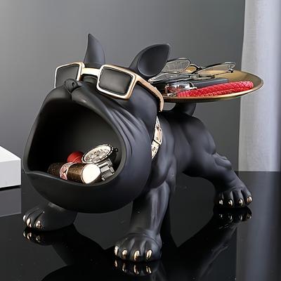 Conjunto de Decoração de Armazenamento de Bulldog Francês de 1 - Estátua de Resina com Coleira Dourada, Óculos e Bandeja para Relógio - Perfeito para Casa, Escritório, Cafeteria