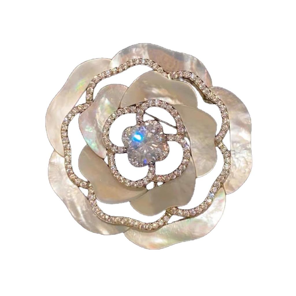Camellia Rose Mother-of-Pearl Brooch – High-End Korean Style for Evening Wear