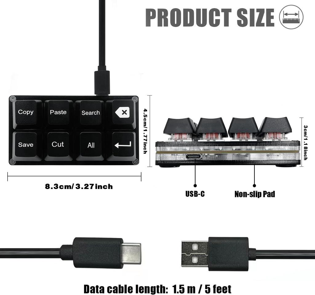 BTXETUEL CopyPaste, Search, Backspace, SaveCut, All-in-One 8-Key Keyboard, SayoDevice One-Handed OSU Keypad, Programmable Mechanical Shortcut Macro