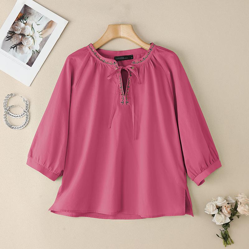 

ZANZEA Женская повседневная блузка с V-образным вырезом, свободного кроя, с рукавами 3/4 и цветочной вышивкой розовый