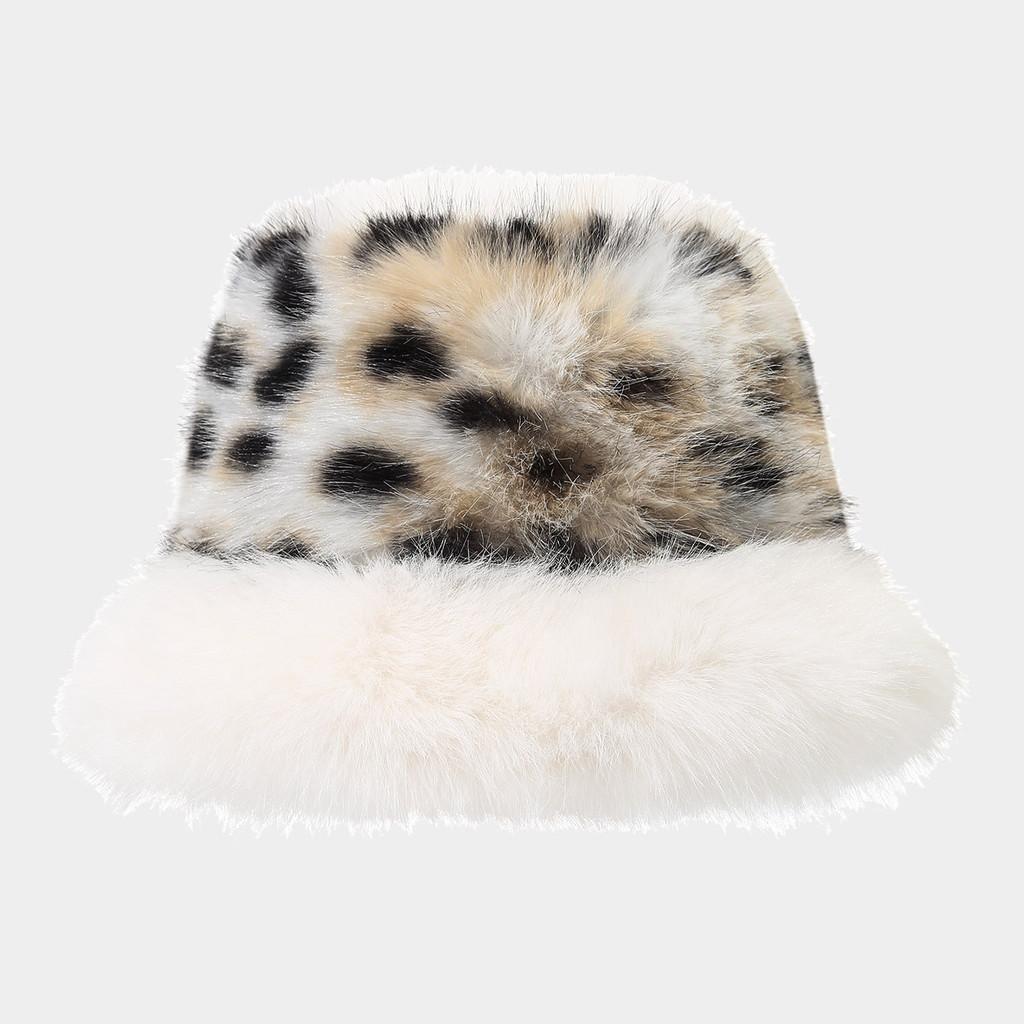 Polyester Furry Leopard Print Fisherman Hat With Wide Brim For Winter Fashion