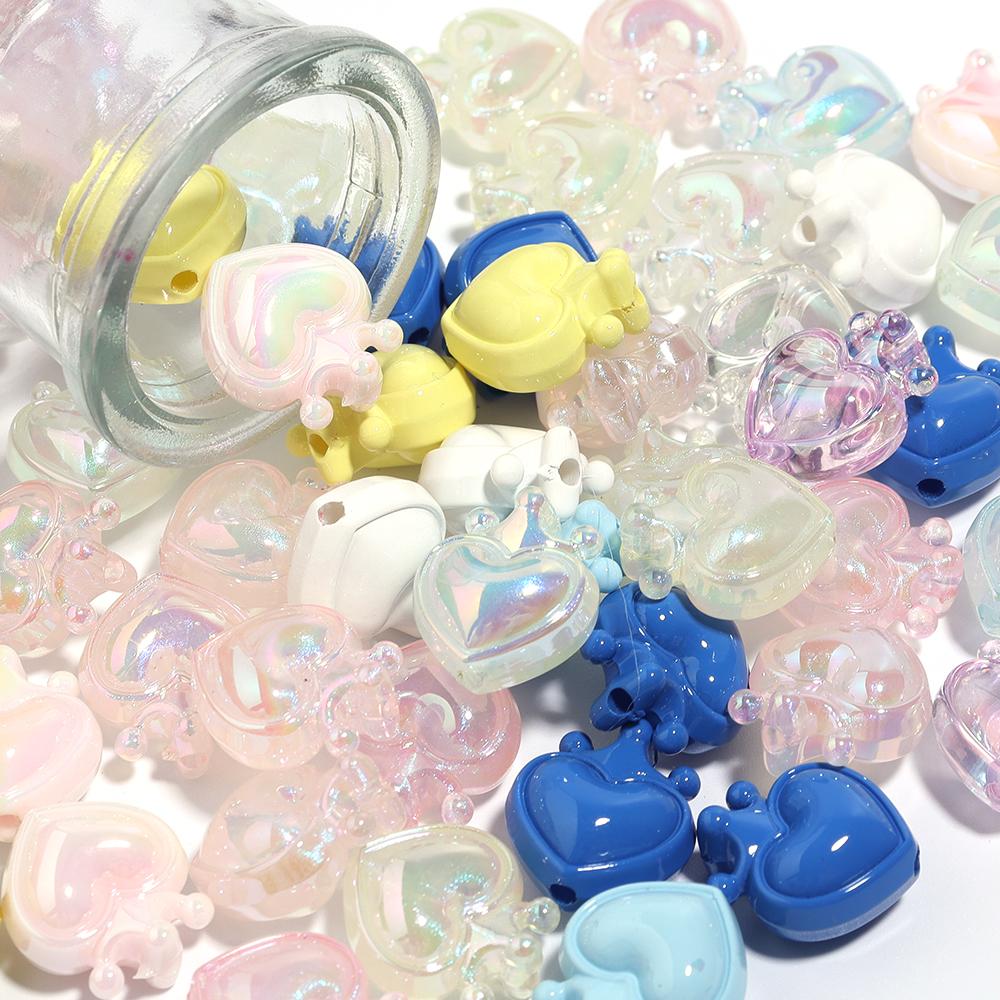 10Pcs 19x17mm Acrylic Beads Colorful Crown Heart Shaped Loose Beads For DIY Cute Bracelet Phone Chain Jewelry Accessories