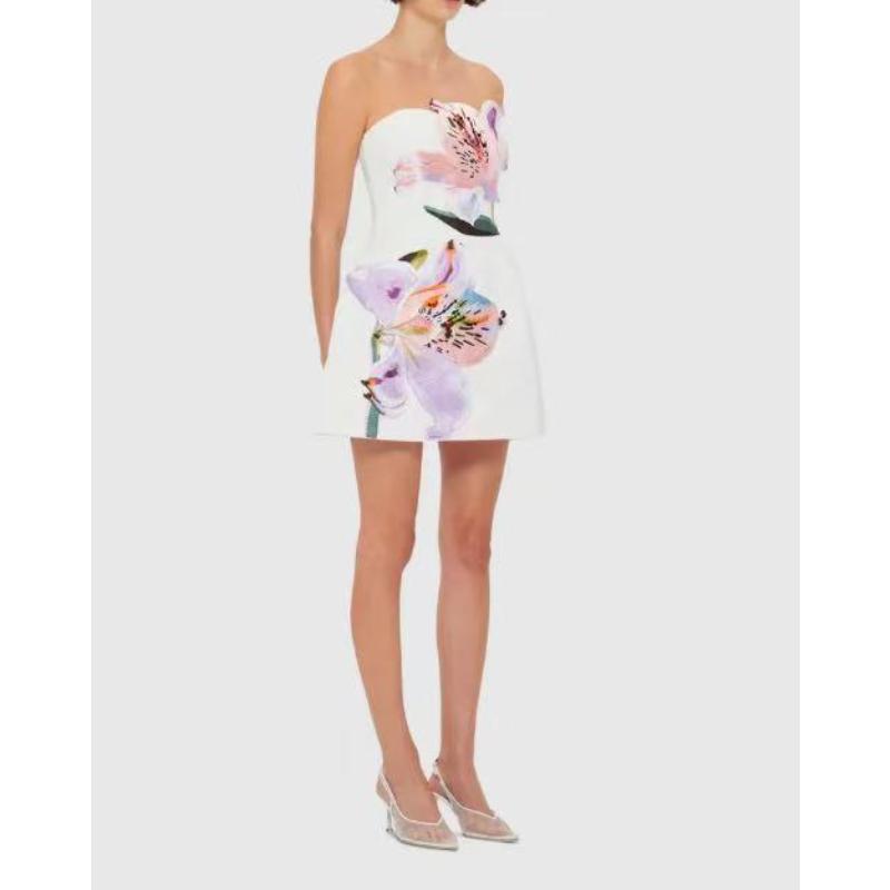 Women's Summer Strapless 3D Floral Patchwork A-Line Mini Dress, Elegant Fashion Cocktail Party Short Tube Dress