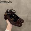 Designer Cross Strap Women Mary Jane Shoes Fashion Shallow Square Toe Shoes Concise Square Heels Shoes