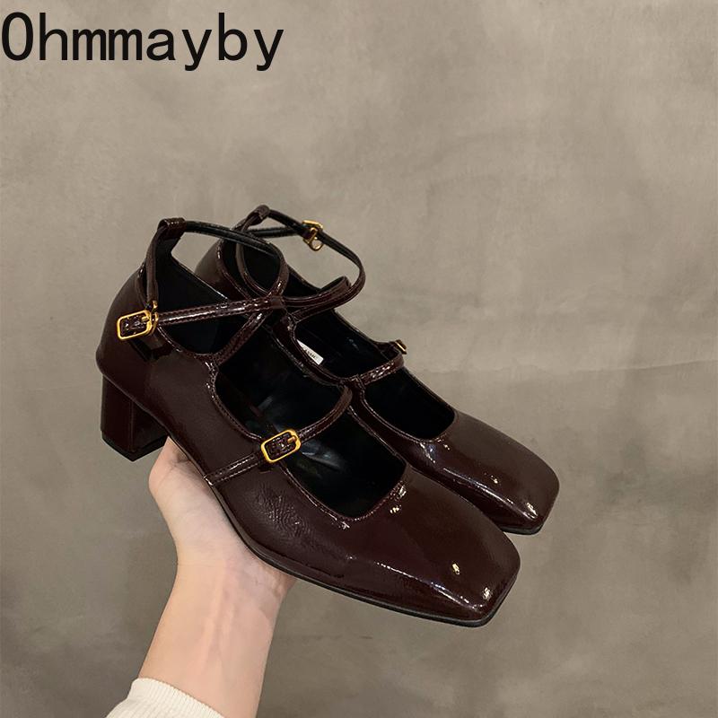 Designer Cross Strap Women Mary Jane Shoes Fashion Shallow Square Toe Shoes Concise Square Heels Shoes