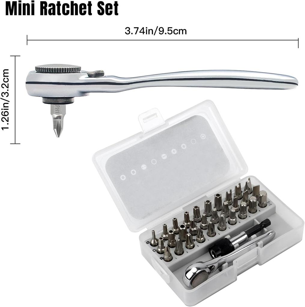 28/32 in 1 Mini Ratchet Wrench Set with Right Angle Offset 1/4" 72 Tooth Screwdriver Handle Magnetic Torx Bit for Tight Spaces