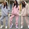 2 Stück/Set Damen Herbst Trainingsanzug Einfarbige Locker Elastische Taille Dick Kapuze Warm Halten Tasche Elastische Manschette Tiefer Schritt Winter