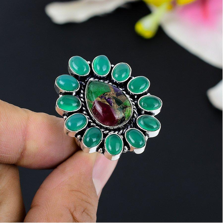 

Watermelon Tourmaline, Onyx 925 Sterling Silver Jewelry Ring Size 7.5 KG-138