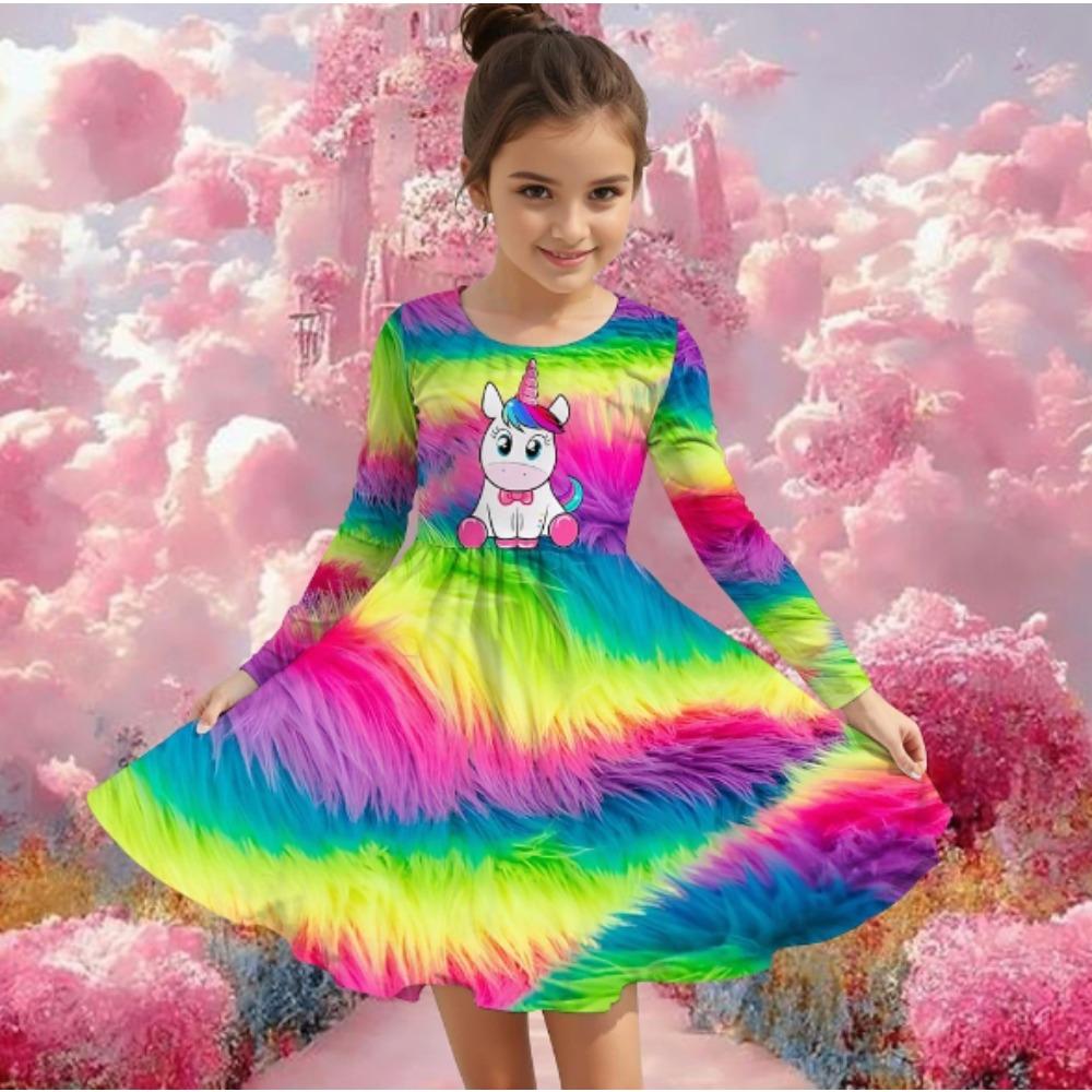 Abito Casual da Ragazza con Stampa Unicorno 3D Girocollo Manica Lunga Abito da Principessa per Bambina