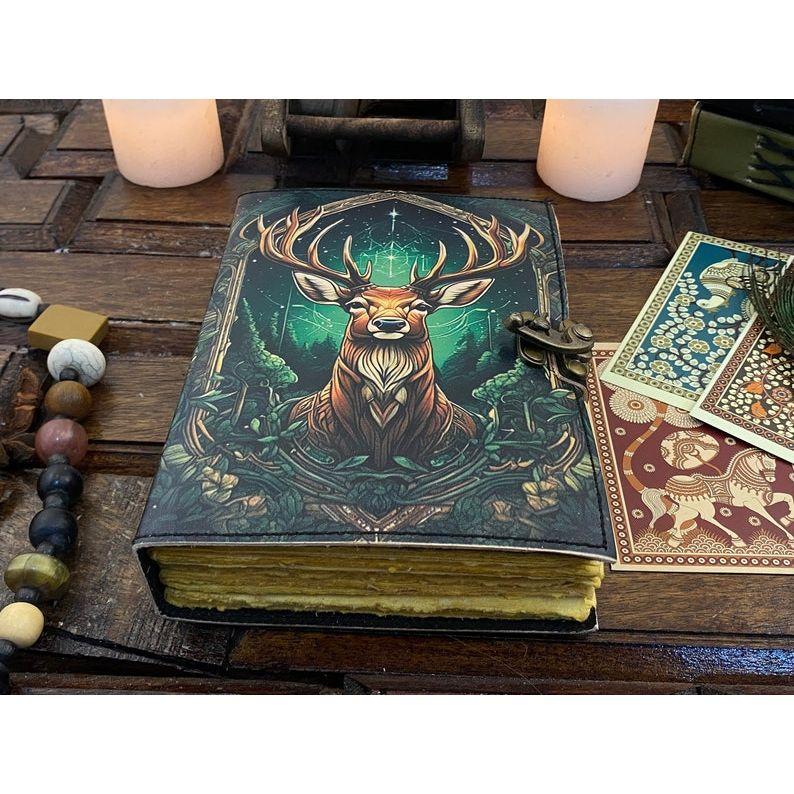 Vintage Leather Journal Deer Printed Journal Blank Spell Book of Shadows Handmade Leather Journal Grimoire Journal with Deckle Edge Paper