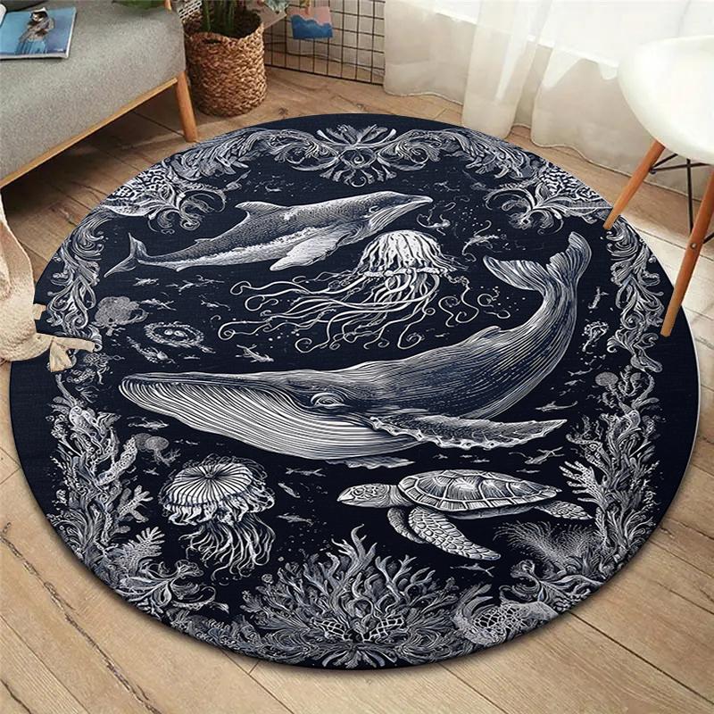 Sketch Truck Whale Poseidon Skeleton Round Area Rug,Carpet Rug for Living Room Bedroom Sofa Playroom Decor,Non-slip Floor Mat