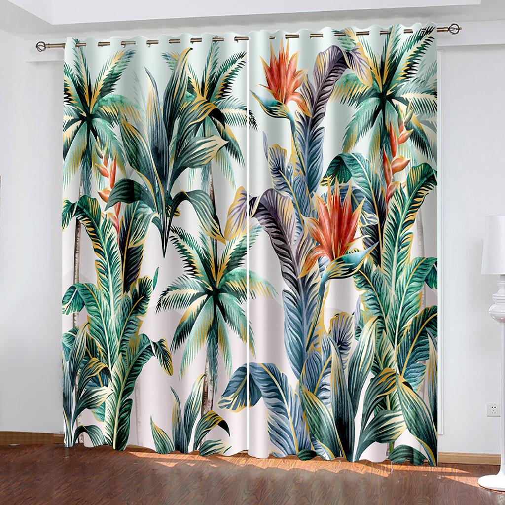 Webvorhänge mit tropischem Blattdruck Zwei separate Vorhänge links und rechts des Schlafzimmers Verdunkelungsvorhänge