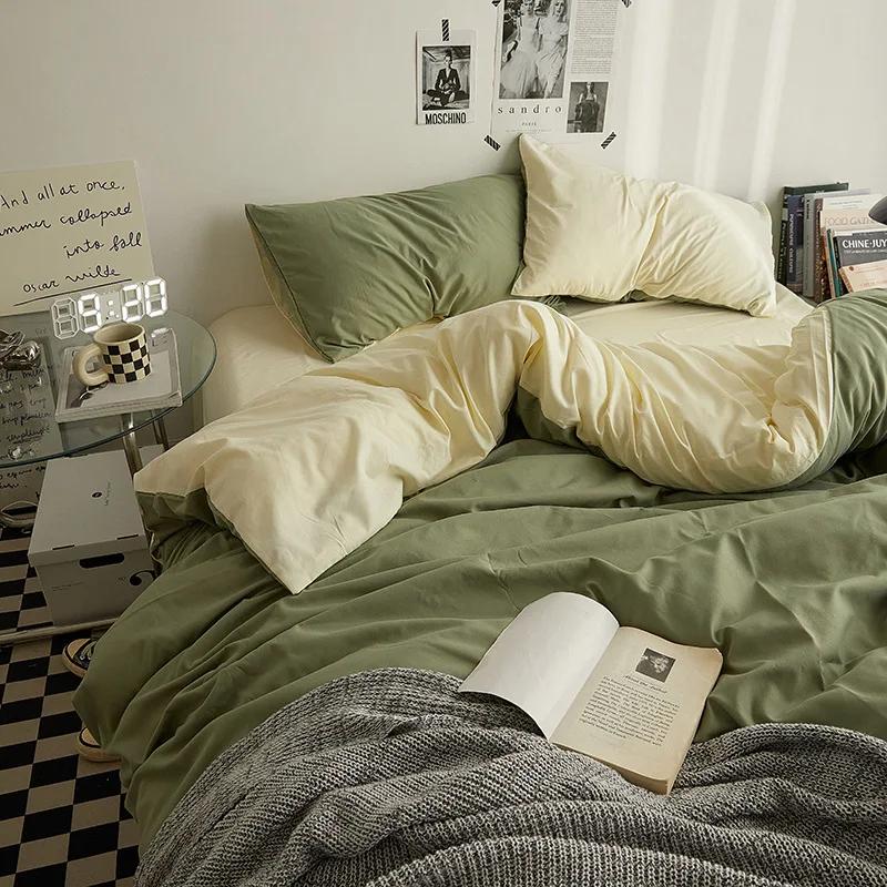 Fashion Solid Color Bed Sheet Style Duvet Cover Set Ab Double-Sided Color Matching Comfortable Sets Washed Cotton Bedding