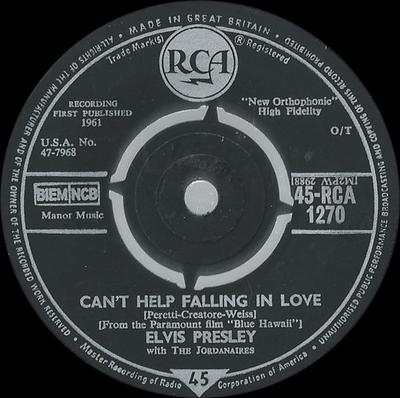 7inch Record ELVIS PRESLEY, THE JORDANAIRES - Can't Help Falling In Love 45RCA1270 RCA 1962 UK Rock Used