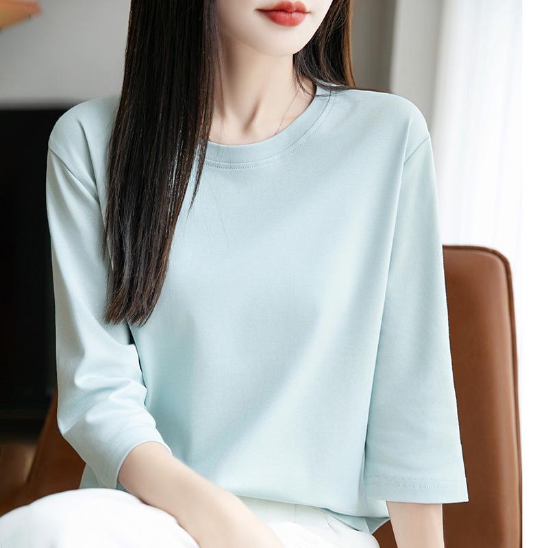 Women's Mercerized Cotton Solid Color Mid-Sleeve T-Shirt