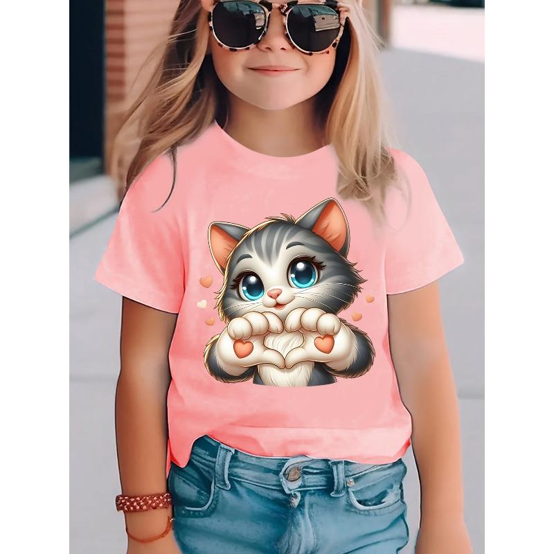 Tailles européennes Mode T-shirt à manches courtes pour filles avec impression dessin animé de chat Haut décontracté NYDX5928