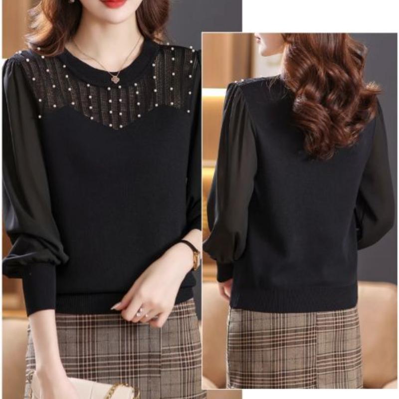 Mesh Sleeved Bottoming Shirt for Women's Spring Autumn Hollowed Out Knittwear New Ice Silk Long Sleeved T-shirt Knitted Top