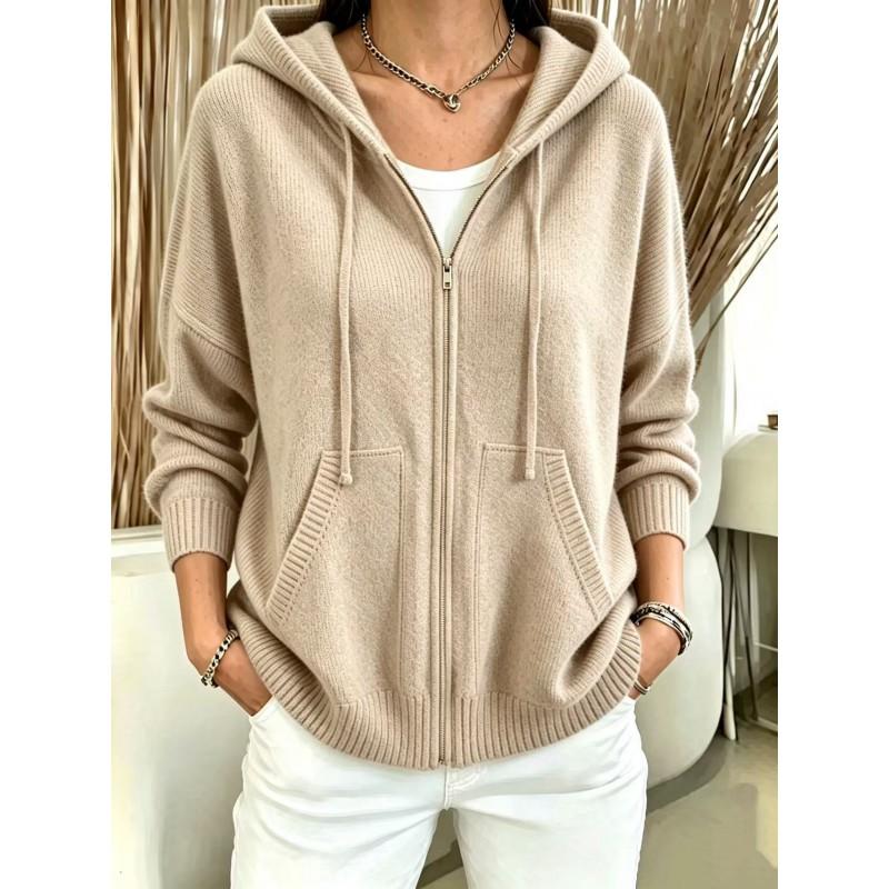 Womens Oversized Knit Hooded Zip-Up Cardigan Winter 2026 Solid Color Casual Sweater