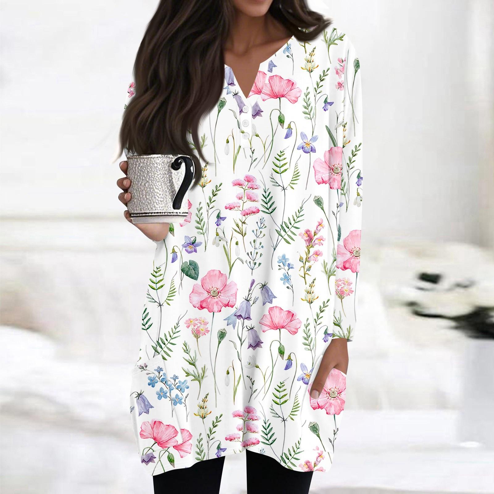 

Womens Tops V-neck Button Long Sleeve Blouses Casual Mid-length Shirts Fashion Print Tunic Tops With Pockets XL білий