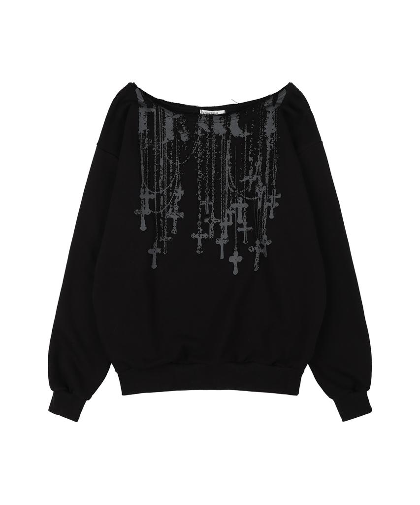 FANCY CLUB Necklace One-Shoulder Sweatshirt (Black) F25Zb037