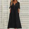 Vestido Midi Feminino com Ilhós, Ombro a Ombro, Manga Curta de Verão, Decote V, Botões, Solto, Casual, Corte A, com Bolsos