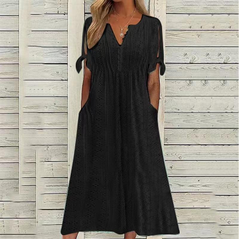 Vestido Midi Feminino com Ilhós, Ombro a Ombro, Manga Curta de Verão, Decote V, Botões, Solto, Casual, Corte A, com Bolsos