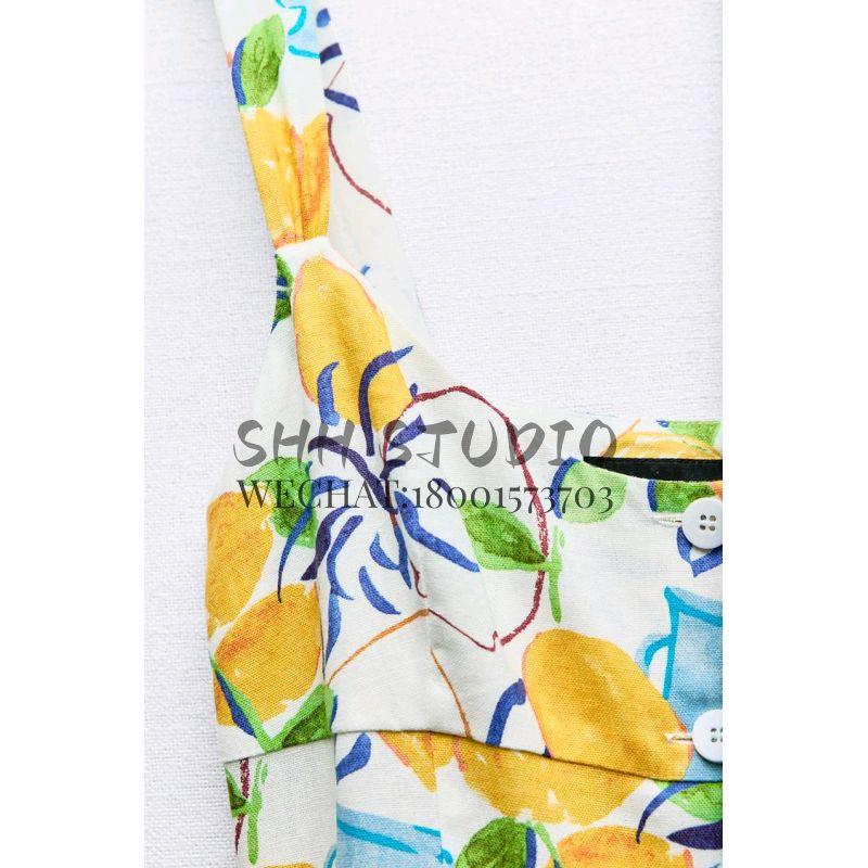 Spring New Sea Edge Vacation Style Round Neck Wide Shoulder Strap Linen Blend Print Midi Skirt Dress 3611306