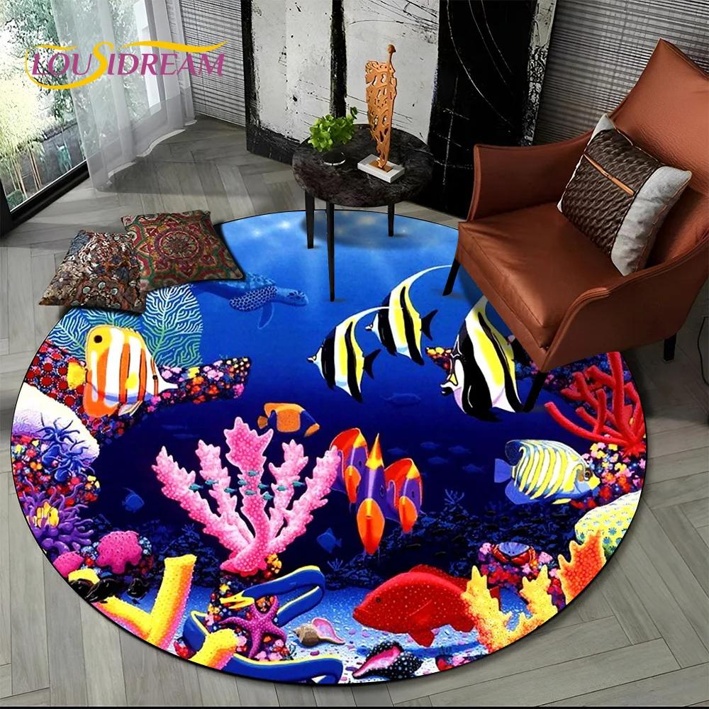 Underwater World Dream Seabed Fish Cartoon Round Carpet Rug for Living Room Bedroom Kids Decor,Pet Area Rug Non-slip Floor Mat