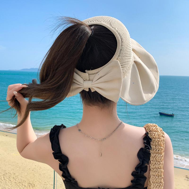 Summer Empty Top Ribbon Bowknot Straw Hats for Women Floppy Panama Sun Hat Travel Beach Female Foldable Sunscreen Cap