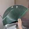 Natural Bamboo Folding Fan - Unisex Japanese Style with Silk Pouch (Green Crane)