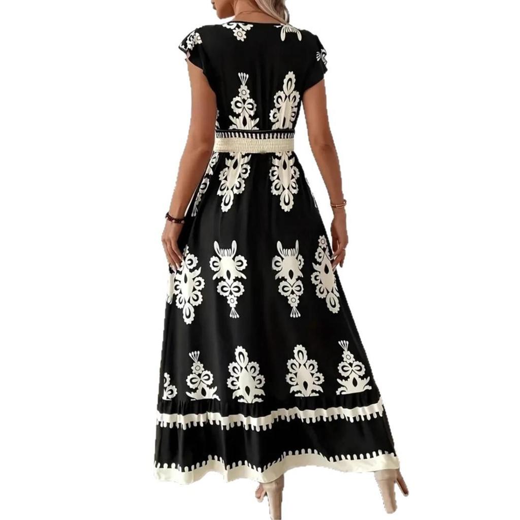 Elegant Floral V-Neck A-Line Dress with Ruffle Sleeves