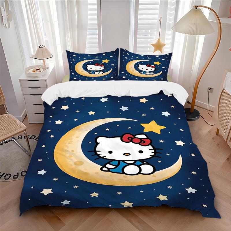 

3pc Moon Stars Hello Kitty Bedding Set Guest Room Bedroom Decor Christmas Halloween Decor Birthday and Holiday Gifts- All Seasons 3pcs Quilt 133 135x200cm