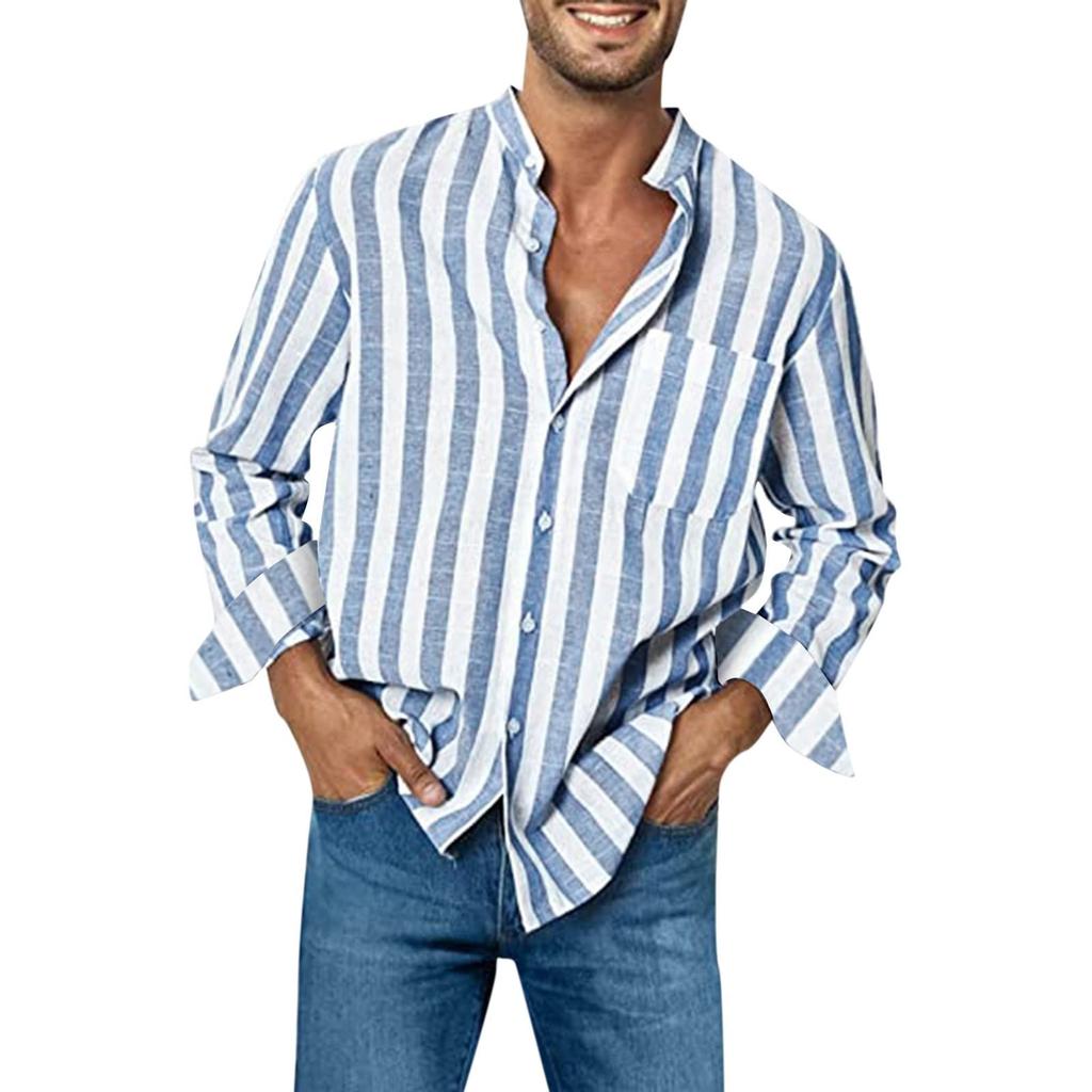 Men's Fashion Casual Pocket Striped Button Long Sleeve Top T Shirt Shirt
