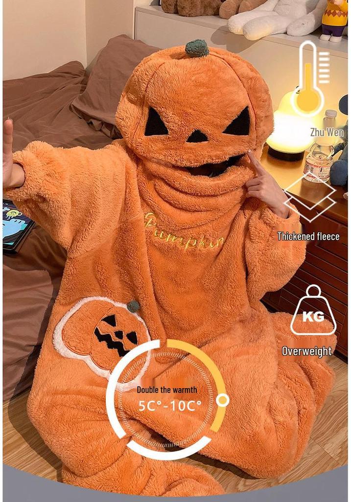 Damen Fleece-gefütterte Halloween-Pyjamas - Einteiler Cartoon-Kürbis-Design für Herbst/Winter Hauskleidung oder Outdoor-Bekleidung