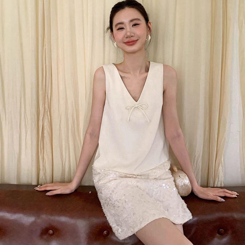 

Women s Summer Sleeveless Sequin Patchwork Petite Dress – Elegant & Slim-Fitting S (Recommended for 70-80 jin) бежевый