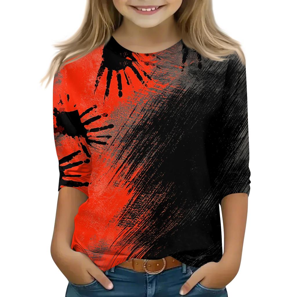 Children's Three-Quarter Sleeve Neck Top with Halloween Print for Everyday Casual Wear
