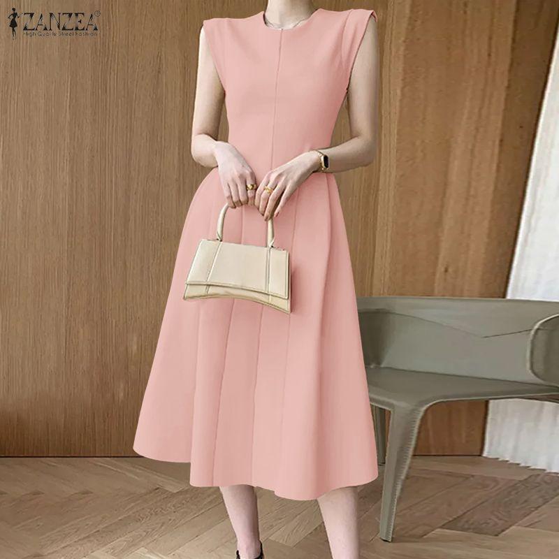 ZANZEA Women Casual Round Neck Summer Sleeveless Midi Dress