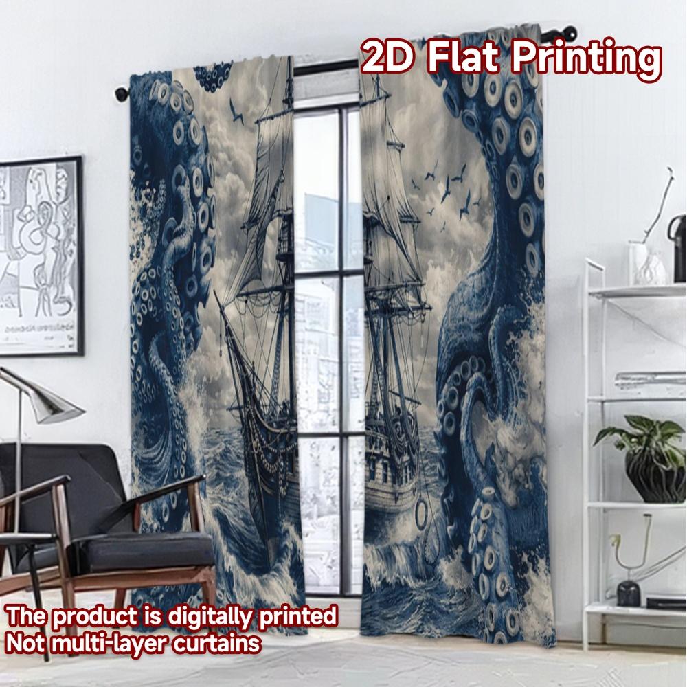 2D FLAT PRINTING 2pcs Curtains (Without Rod) Giant Octopus Surrounds Ship Pattern Modern Curtains Polyester Easy Install