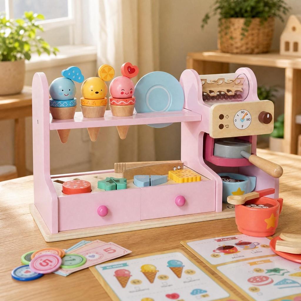 Wooden Pretend Ice Cream Shop Toy Freestanding Play Counter with Display Areas