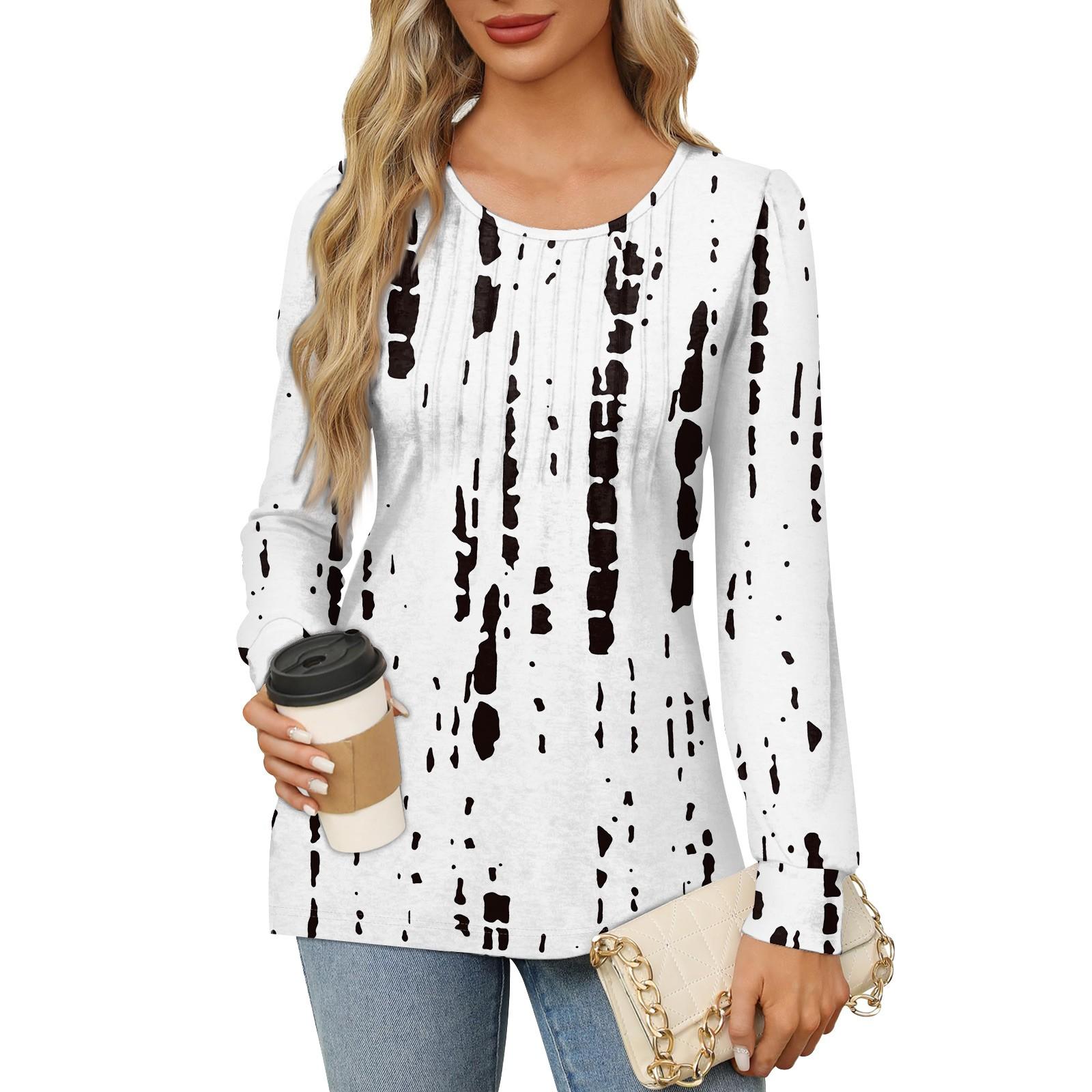 

Женская повседневная плиссированная футболка с круглым вырезом и длинными рукавами с принтом