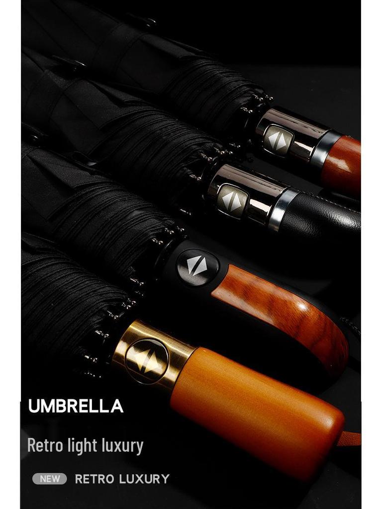 Automatic 10-Rib Black Glue Sunscreen Umbrella with Curved Handle, Compact Three-Fold Design, Custom Logo Available