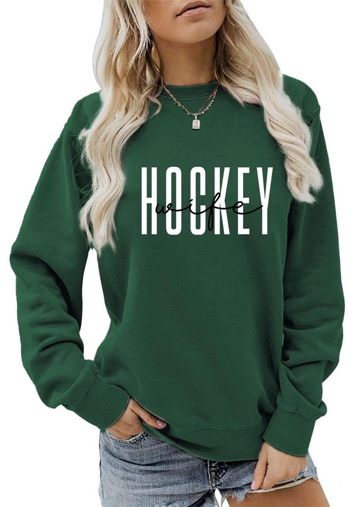 European & American Fashion Long Sleeve Loose Hoodie with 'Hockey Wife' Print for Women