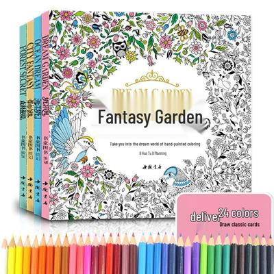 4 Malbücher Set mit 24 Buntstiften: Traumgarten, Waldgeheimnis, Meeresfantasie, Urbane Romanze