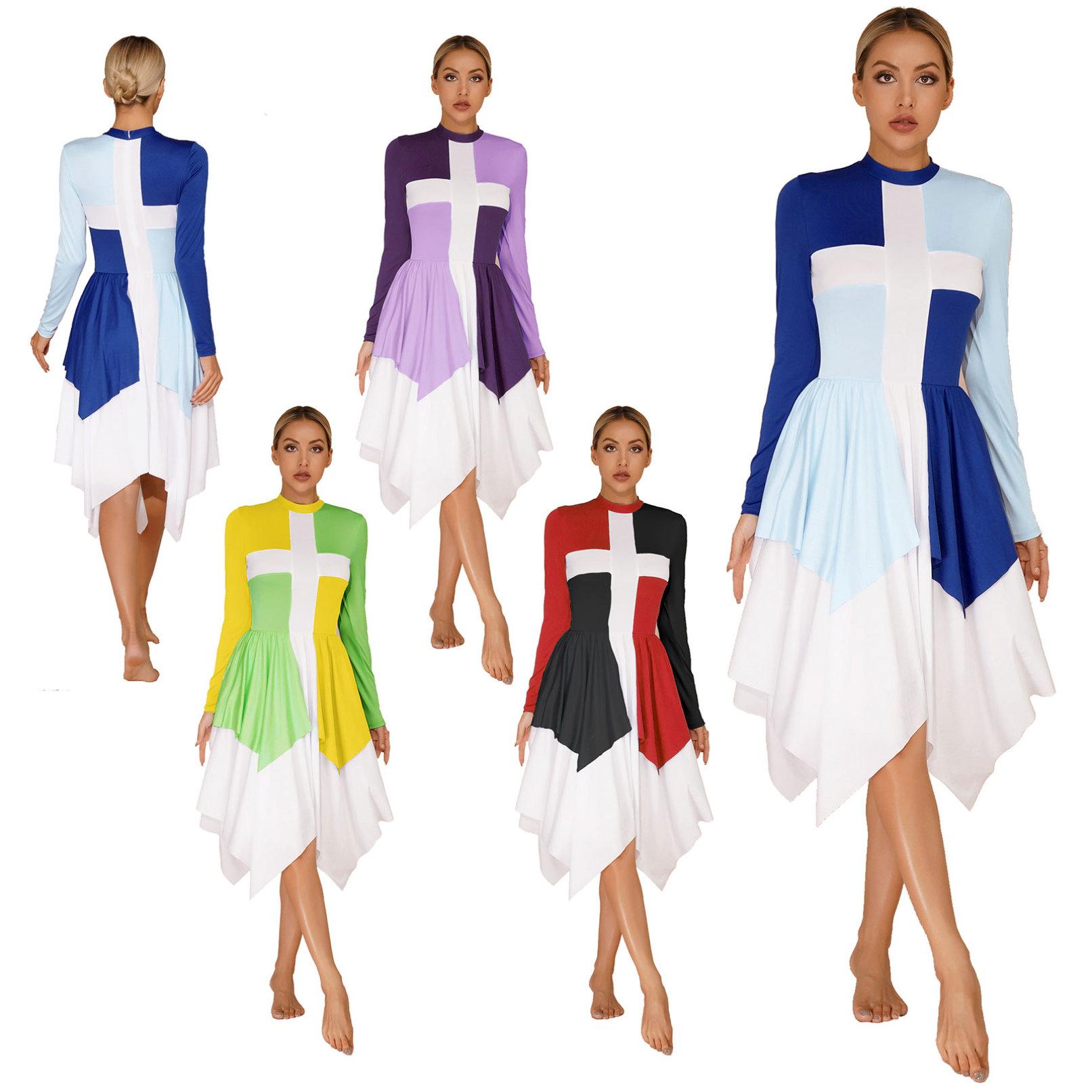 

Жіноча кольорова літургійна танцювальна сукня, хоровий костюм для виступу з імітацією шиї, сукні з довгим рукавом і нерегулярним подолом M фіолетовий