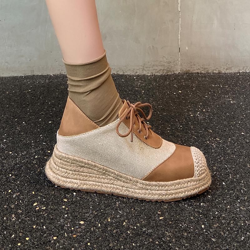Brytyjski styl patchworkowe espadryle na koturnie z prawdziwej skóry z okrągłym noskiem, wiązane na krzyż, na płaskiej platformie, damskie płócienne buty rybackie