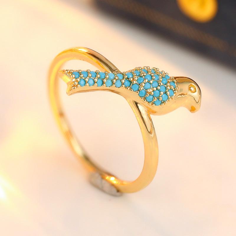 Vintage Inlaid Imitation Turquoise Women's Ring Ethnic Gold Color Hand Carving Bird Daily Wear Party Jewelry Anniversary Gift